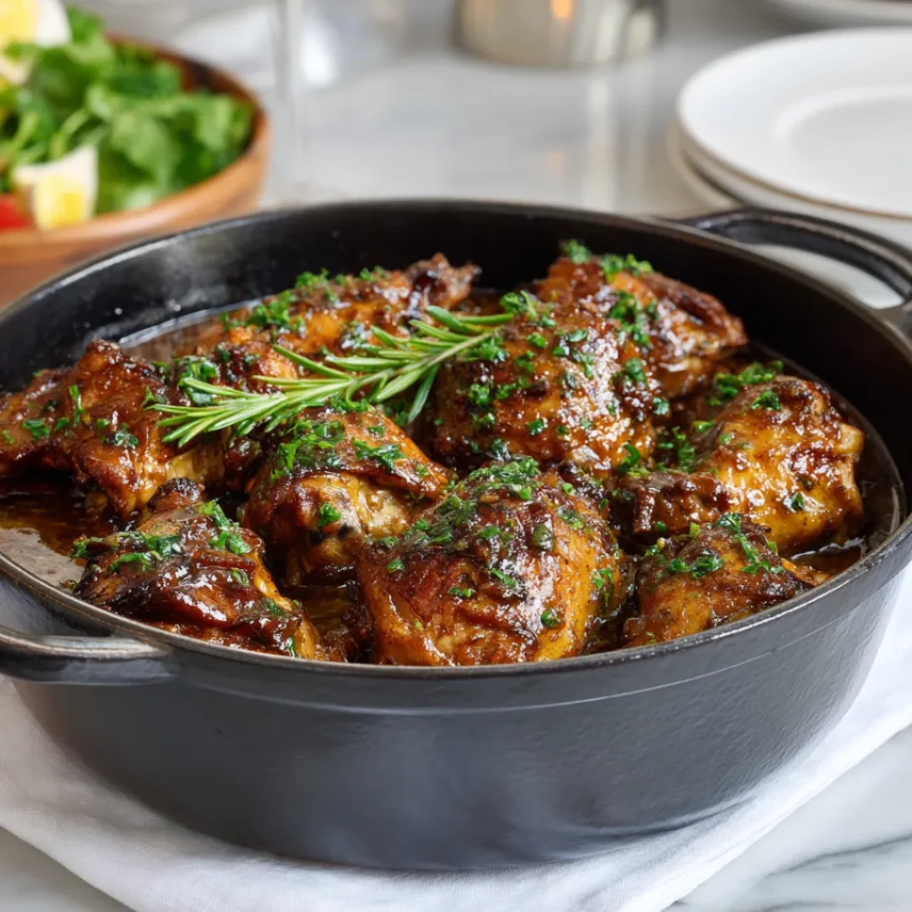 Cocotte en fonte garnie de morceaux de pintade nappés de sauce et parsemés d’herbes.