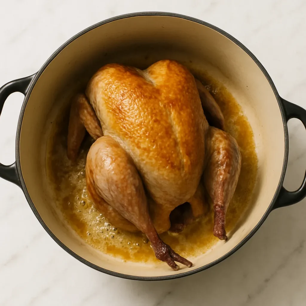 Pintade entière en cours de dorure dans une cocotte en fonte avec beurre fondant.