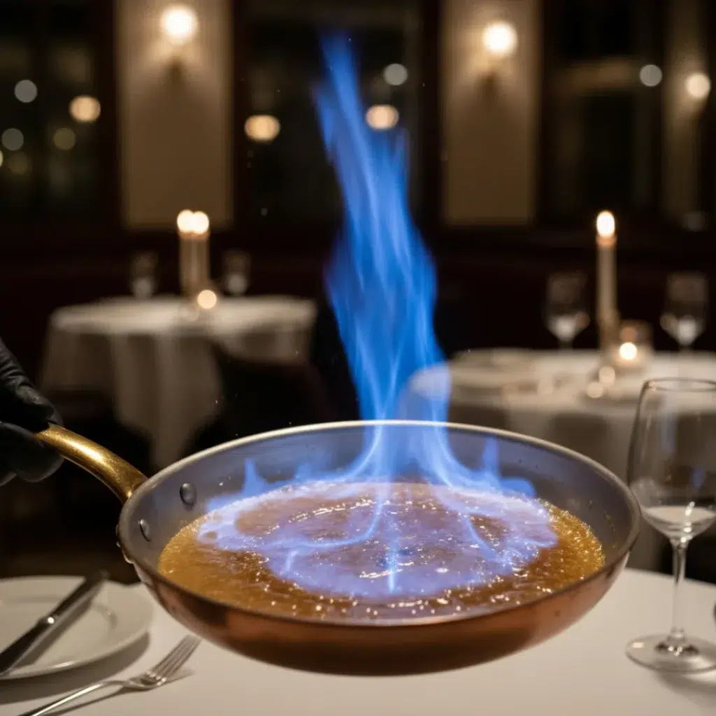 Flambage spectaculaire de la sauce Suzette, moment phare de la crêpe Suzette recette.