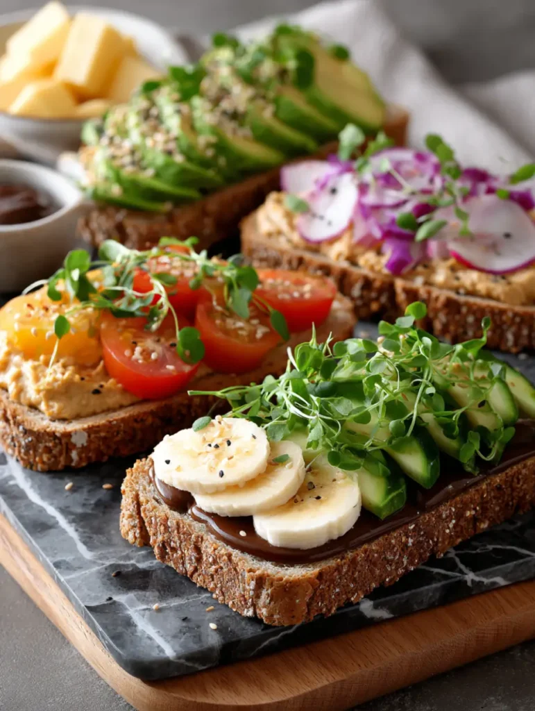 Tartines de pain au sarrasin sans gluten garnies d’avocat, banane, houmous et légumes frais pour un repas équilibré.