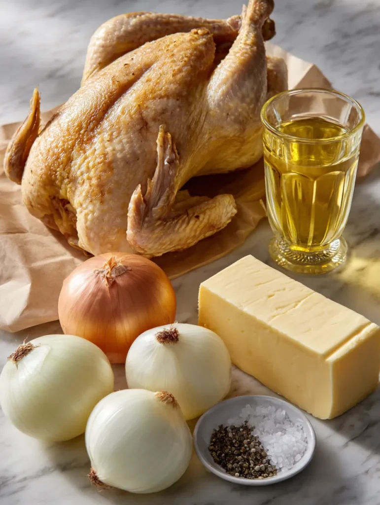 Ingrédients de la recette pintade en cocotte avec pintade entière, oignons, beurre, jus de pomme et assaisonnements.