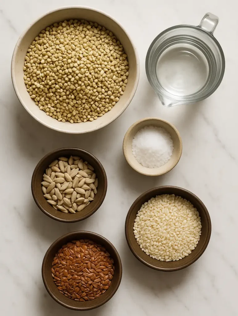 Ingrédients de base pour préparer un pain au sarrasin sans gluten, comprenant graines de sarrasin, eau, sel et graines variées.