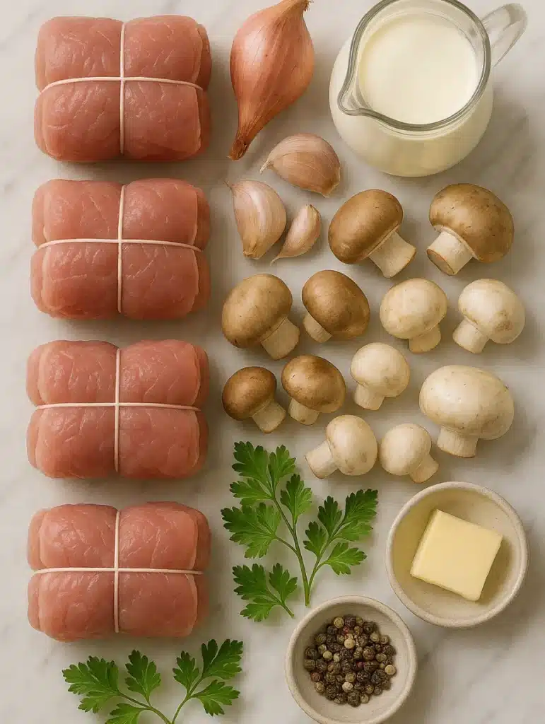 Ingrédients frais pour préparer la recette paupiette de veau, incluant champignons, ail, échalotes, crème et persil.