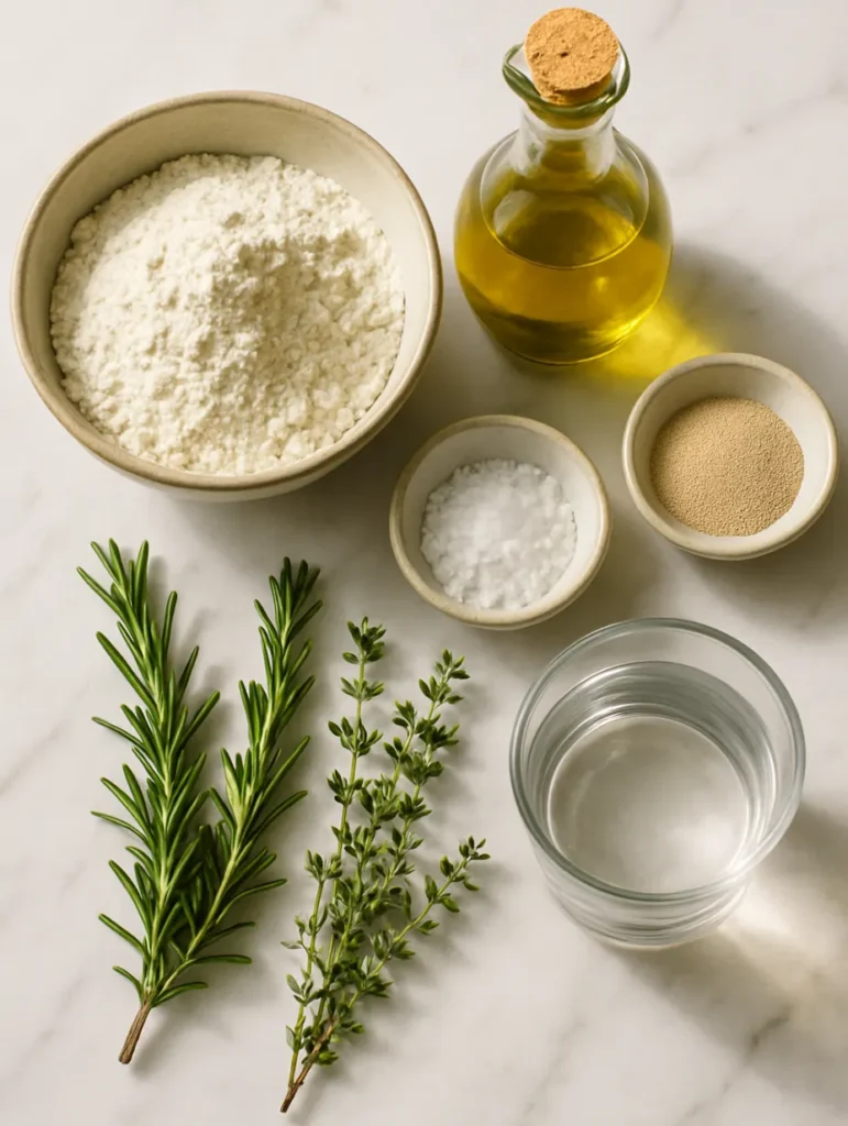 Farine, huile d’olive, levure, sel, romarin, thym et eau disposés pour préparer une recette focaccia maison authentique.