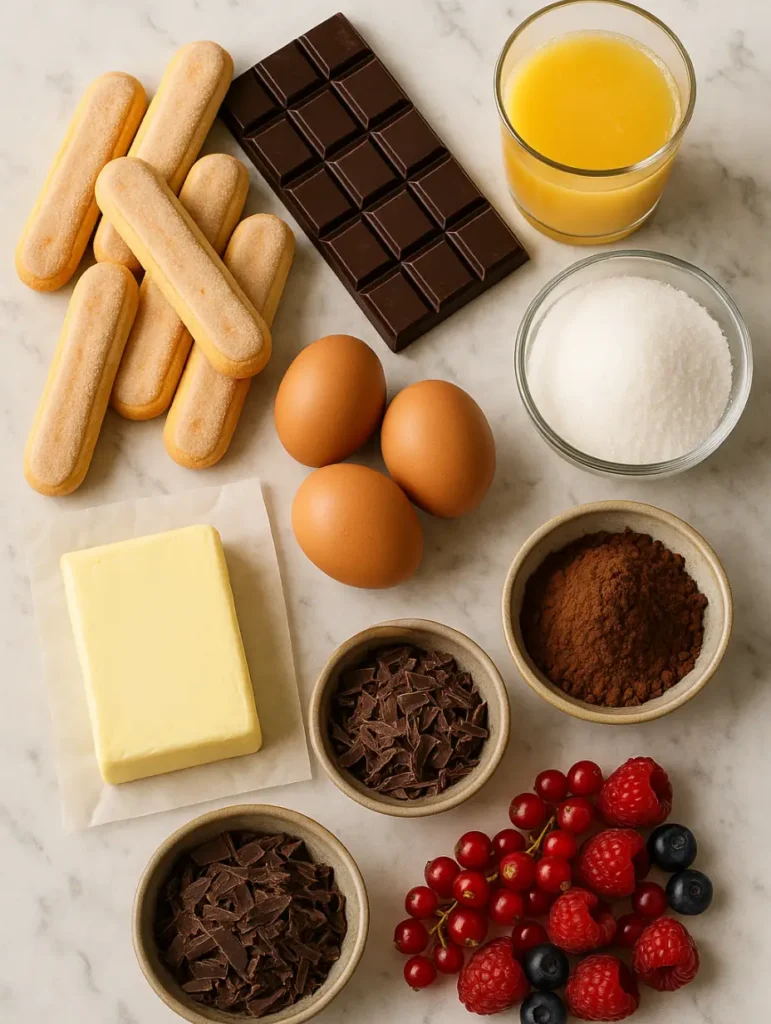 Ingrédients principaux pour une charlotte au chocolat : biscuits à la cuillère, chocolat noir, beurre, œufs, sucre, cacao et fruits rouges.