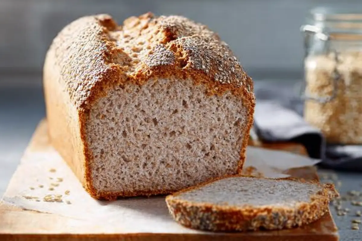 Pain au sarrasin sans gluten maison, à la croûte dorée et mie moelleuse, posé sur une planche de bois avec une tranche tranchée.