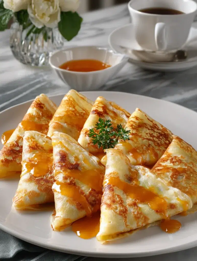 Crêpes Suzette nappées de sauce à l’orange et joliment pliées en portefeuille.