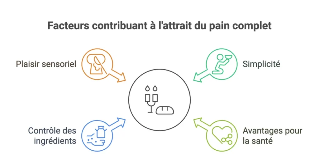 Facteurs clés expliquant pourquoi la recette pain complet séduit : santé, simplicité, plaisir et contrôle des ingrédients.
