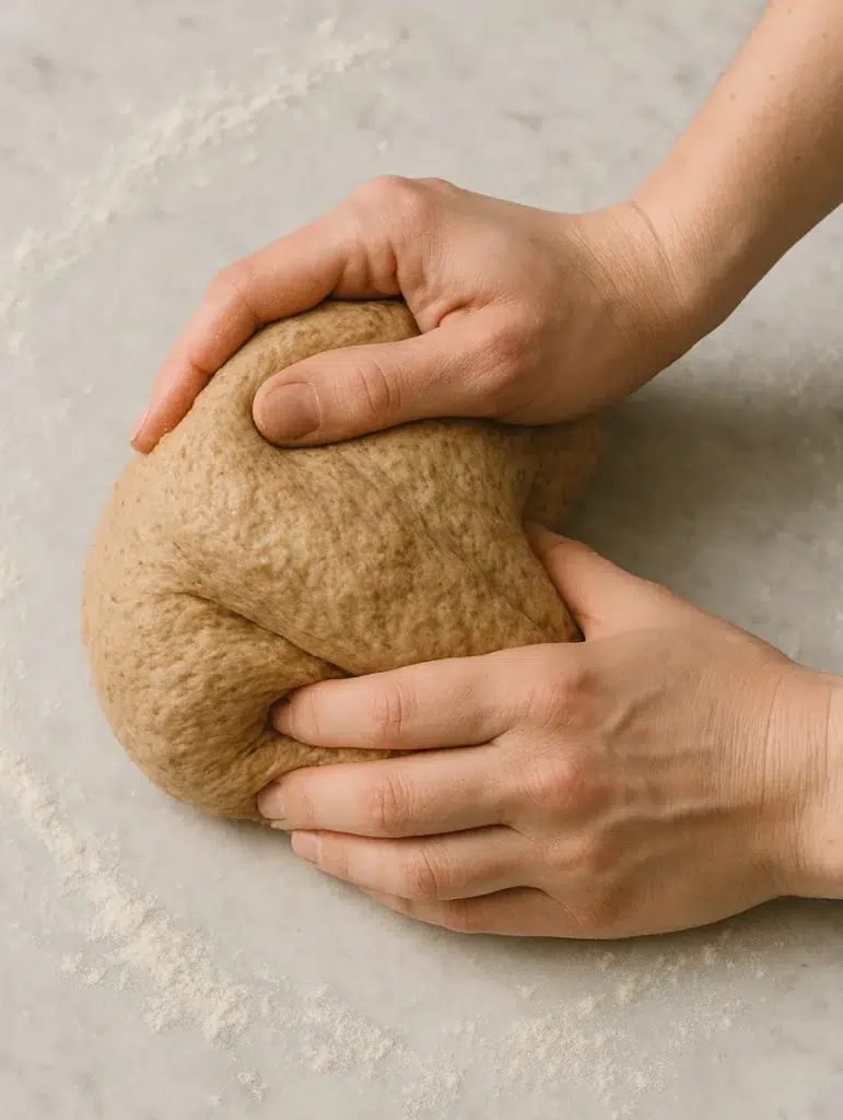 Pétrissage manuel d’une pâte à pain complet maison, étape clé de la recette pain complet.