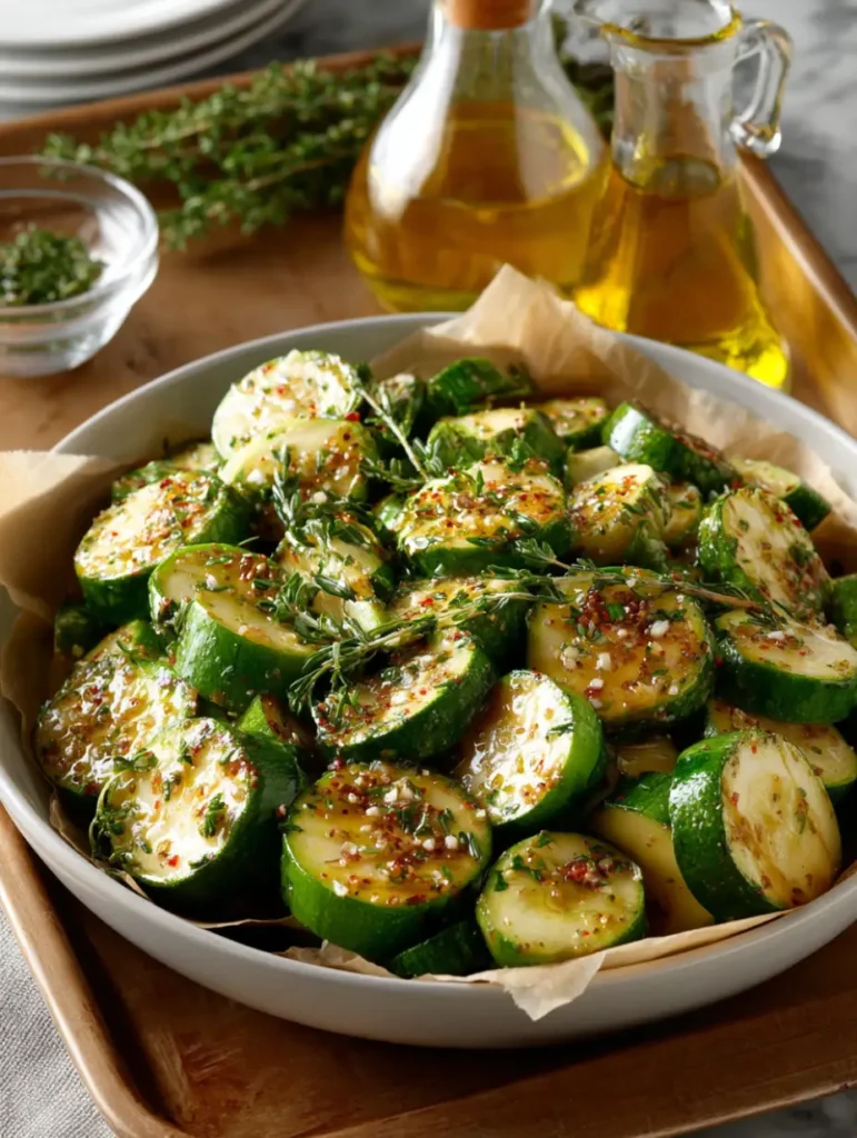 Courgettes assaisonnées d’huile, d’herbes et d’épices prêtes à être enfournées.