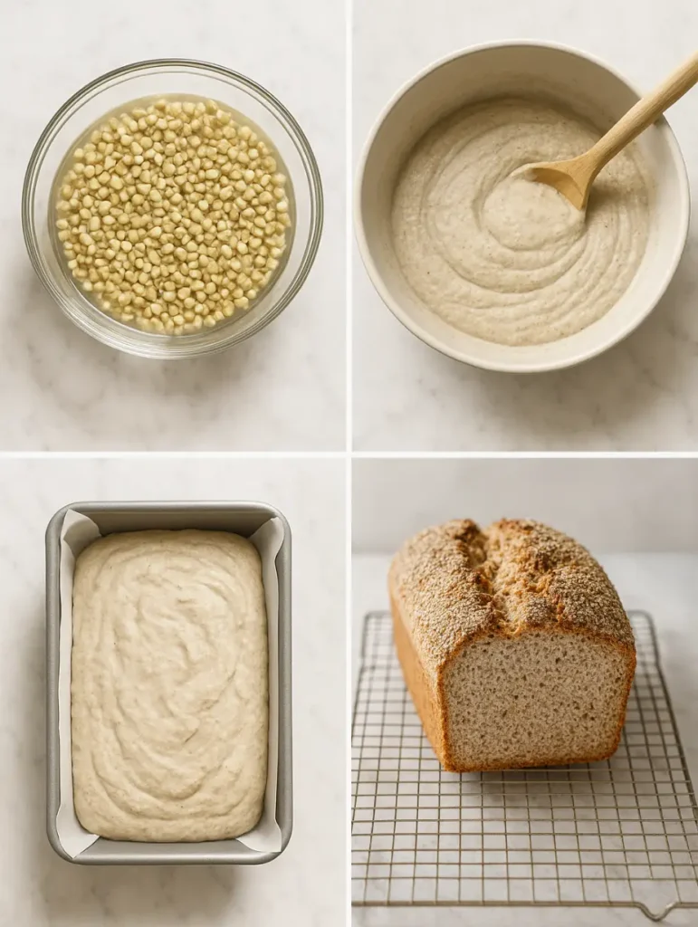 Étapes de la recette du pain au sarrasin sans gluten 100 % graines, de la fermentation naturelle jusqu’au pain cuit.