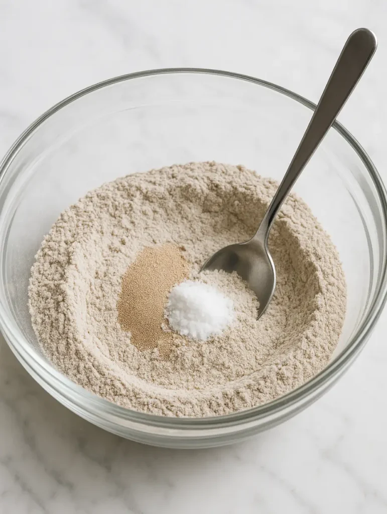 Farine de sarrasin mélangée à de la levure et du sel dans un bol, étape clé de la version rapide du pain sans gluten.