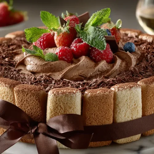 Recette Charlotte au chocolat décorée de fruits rouges, copeaux de chocolat et menthe fraîche, présentée avec un ruban élégant.