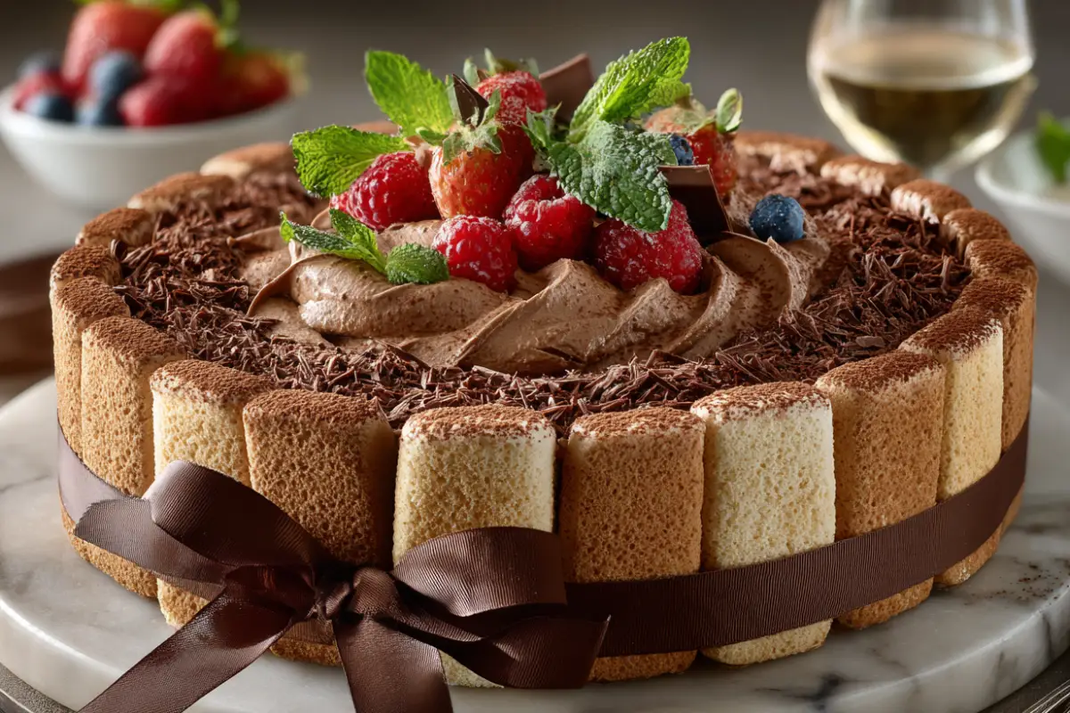 Recette Charlotte au chocolat décorée de fruits rouges, copeaux de chocolat et menthe fraîche, présentée avec un ruban élégant.