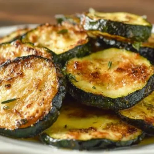 Rondelles de courgettes grillées au four dorées et croustillantes servies en plat léger.