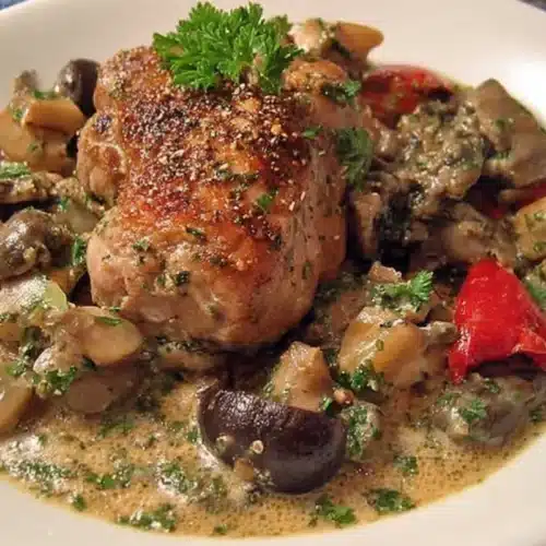 Paupiette de veau mijotée dans une sauce crémeuse aux champignons et herbes fraîches, servie pour un dîner familial.