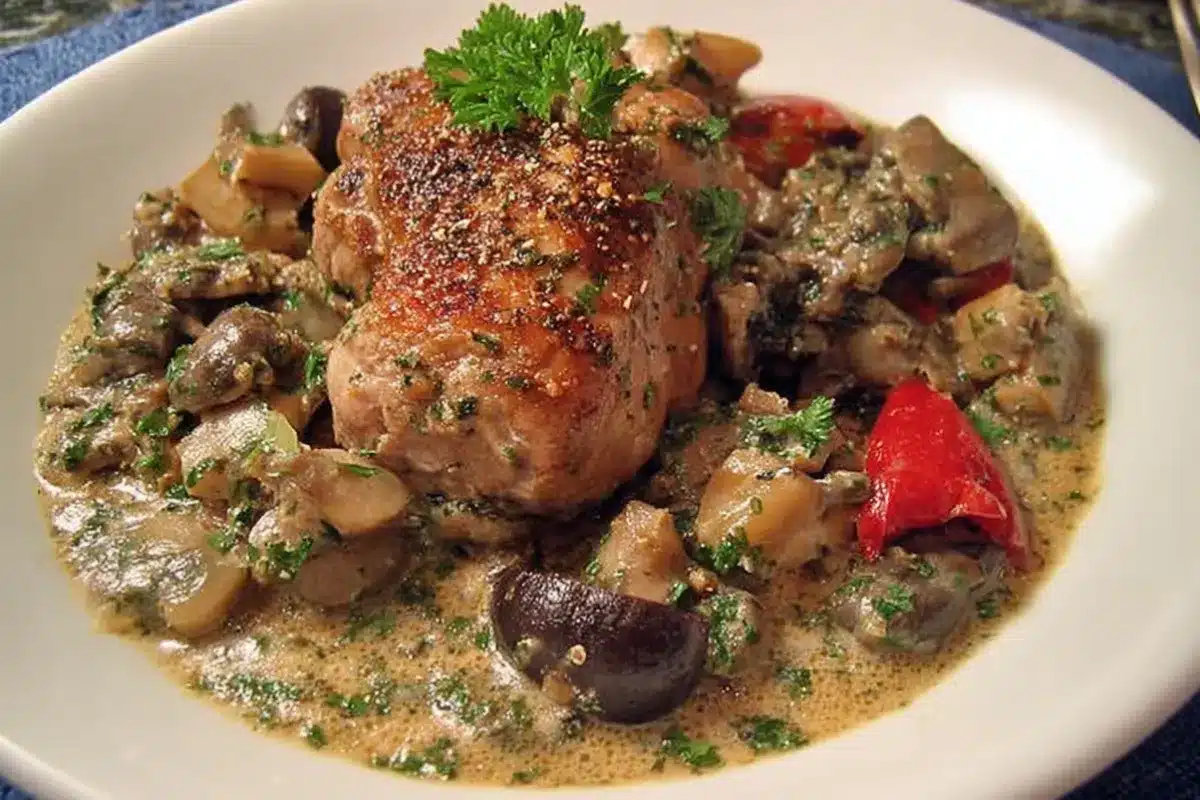Paupiette de veau mijotée dans une sauce crémeuse aux champignons et herbes fraîches, servie pour un dîner familial.