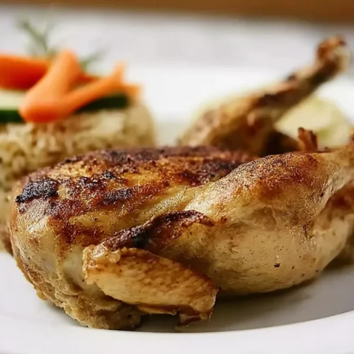 Assiette de pintade dorée servie avec riz parfumé et légumes, illustrant une recette pintade en cocotte tendre et rapide.
