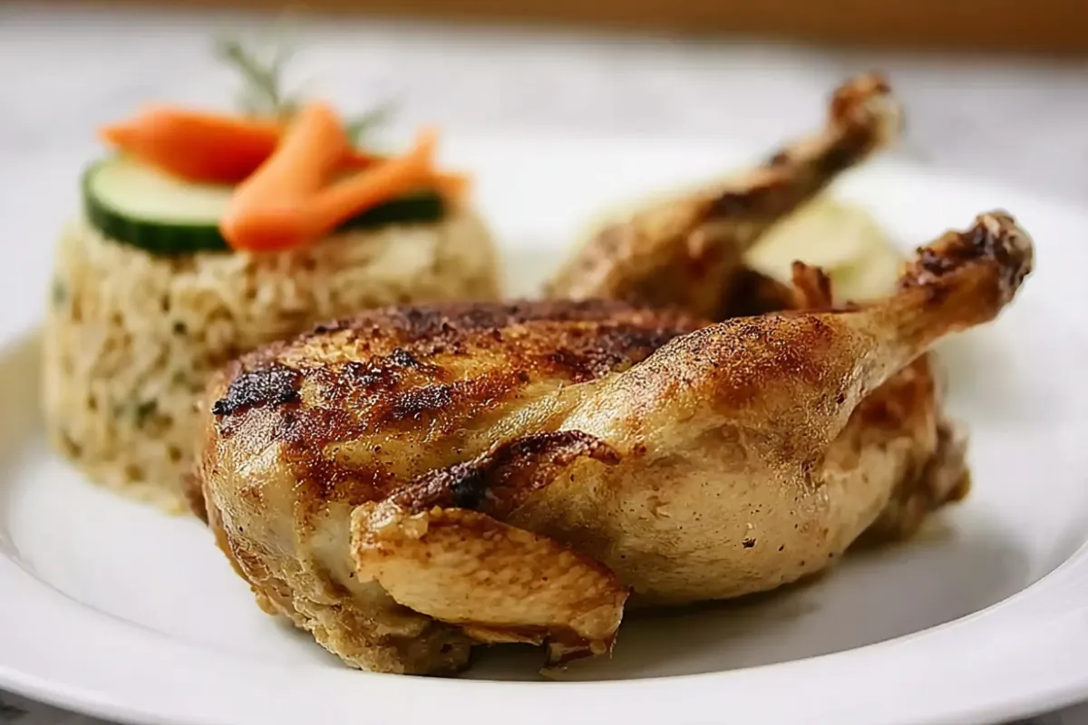 Assiette de pintade dorée servie avec riz parfumé et légumes, illustrant une recette pintade en cocotte tendre et rapide.