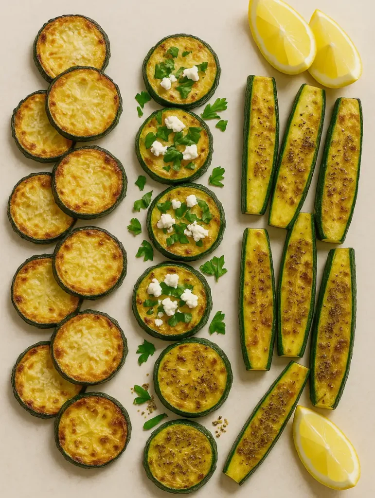 Différentes versions de courgettes grillées au four, avec fromage, herbes fraîches et zestes de citron.