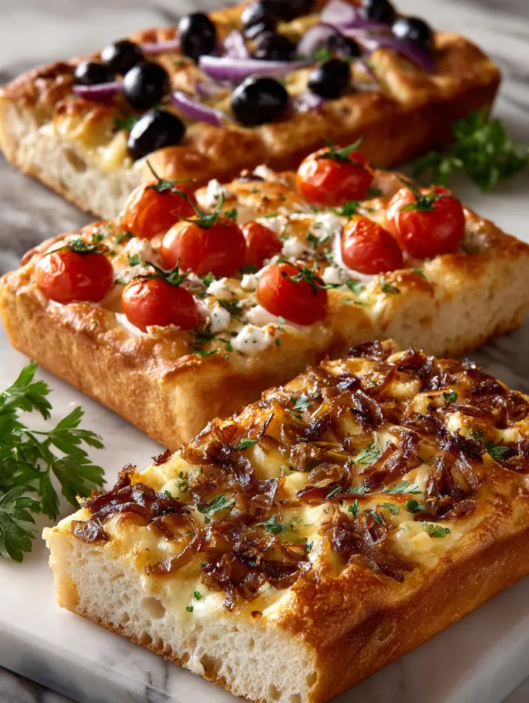 Trois variantes de focaccia maison garnies de tomates cerise, olives noires, oignons caramélisés et herbes fraîches.