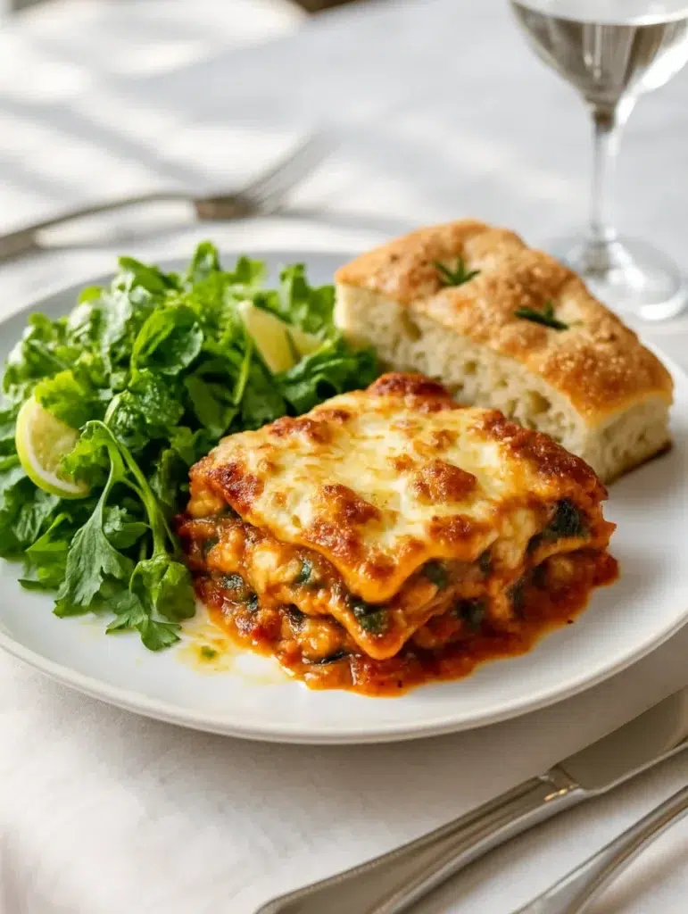 Lasagnes végétariennes servies chaudes, nappées de sauce fondante et décorées d’une feuille de basilic frais.