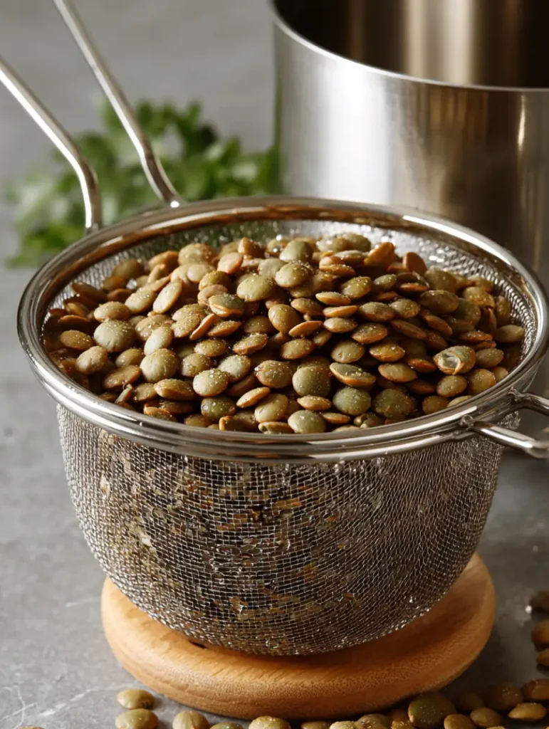 Lentilles vertes égouttées dans une passoire après cuisson, prêtes à être utilisées dans une salade froide.
