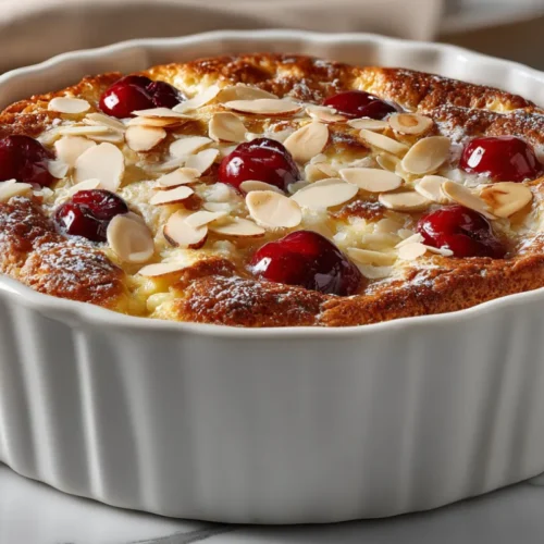 Clafoutis sans gluten doré et moelleux, garni de cerises fraîches et d’amandes effilées, dans un plat en céramique blanc prêt à être dégusté.