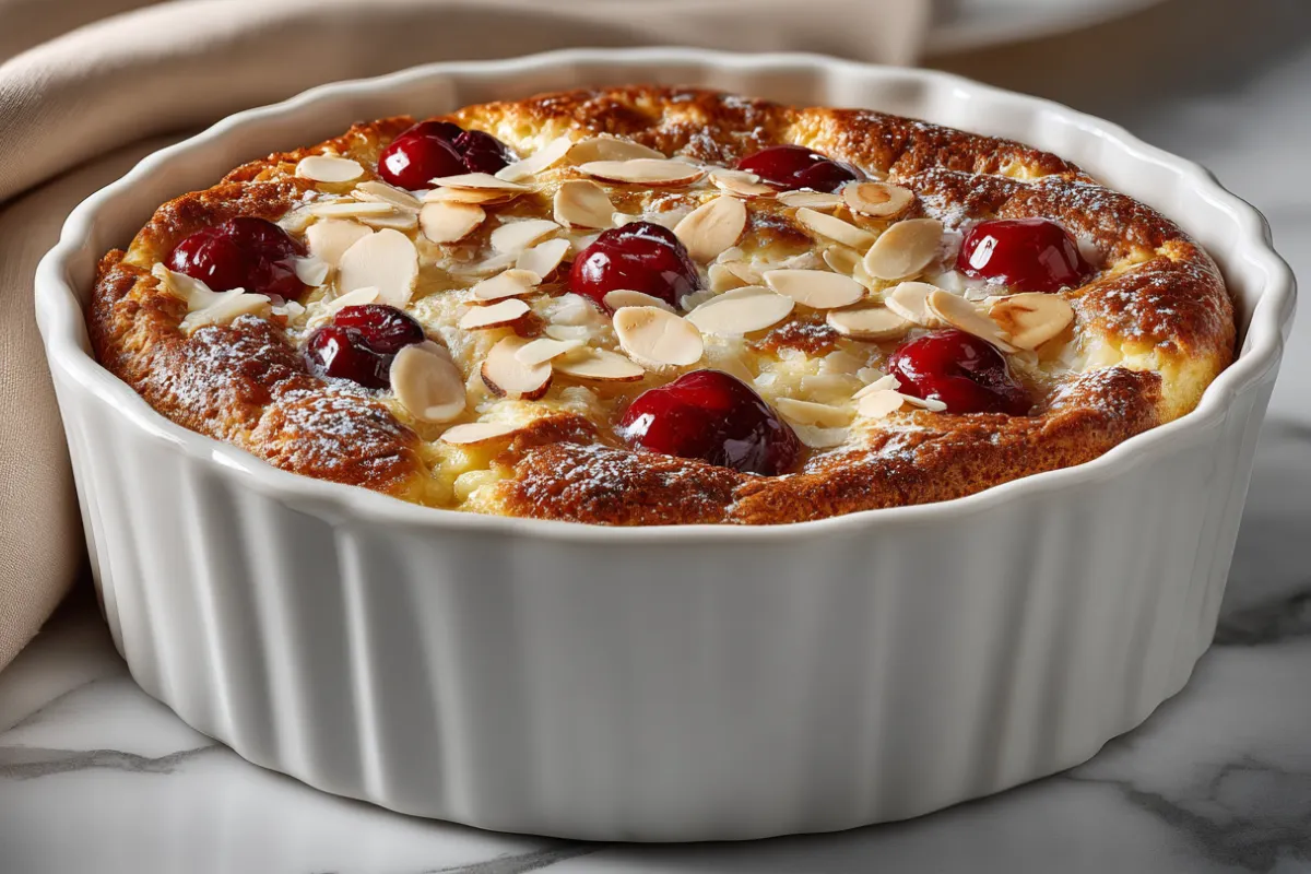 Clafoutis sans gluten doré et moelleux, garni de cerises fraîches et d’amandes effilées, dans un plat en céramique blanc prêt à être dégusté.