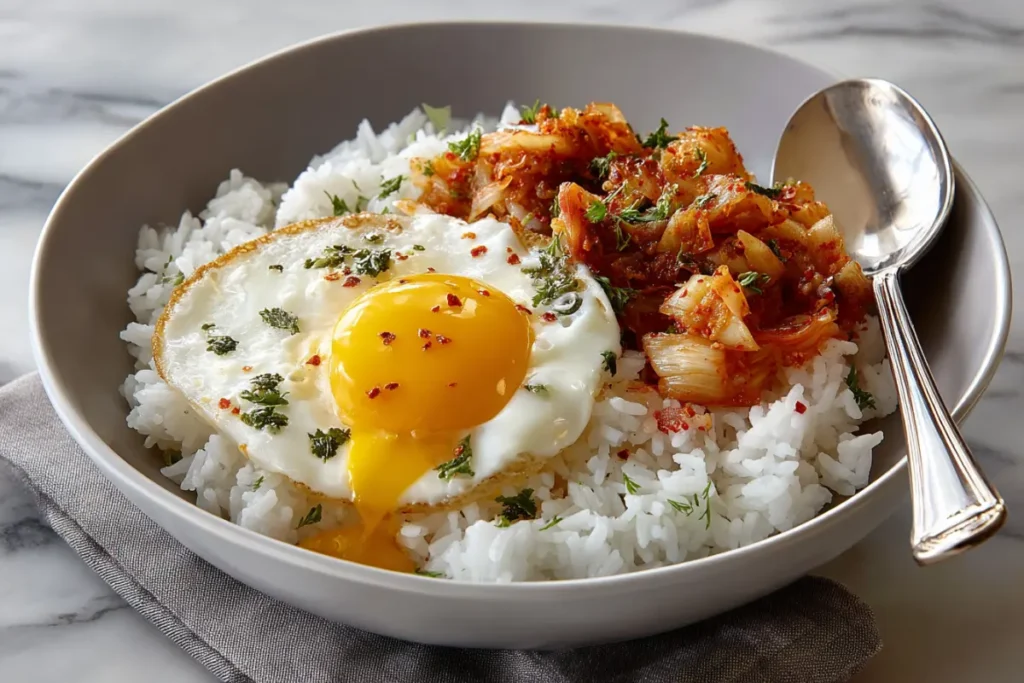 Bol de riz garni de kimchi maison et d’un œuf au plat, idée simple de repas équilibré et savoureux.