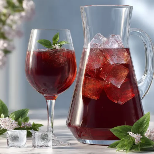 Carafe et verre remplis de jus de bissap maison rouge rubis, servis avec des glaçons et des feuilles de menthe sur une table lumineuse.