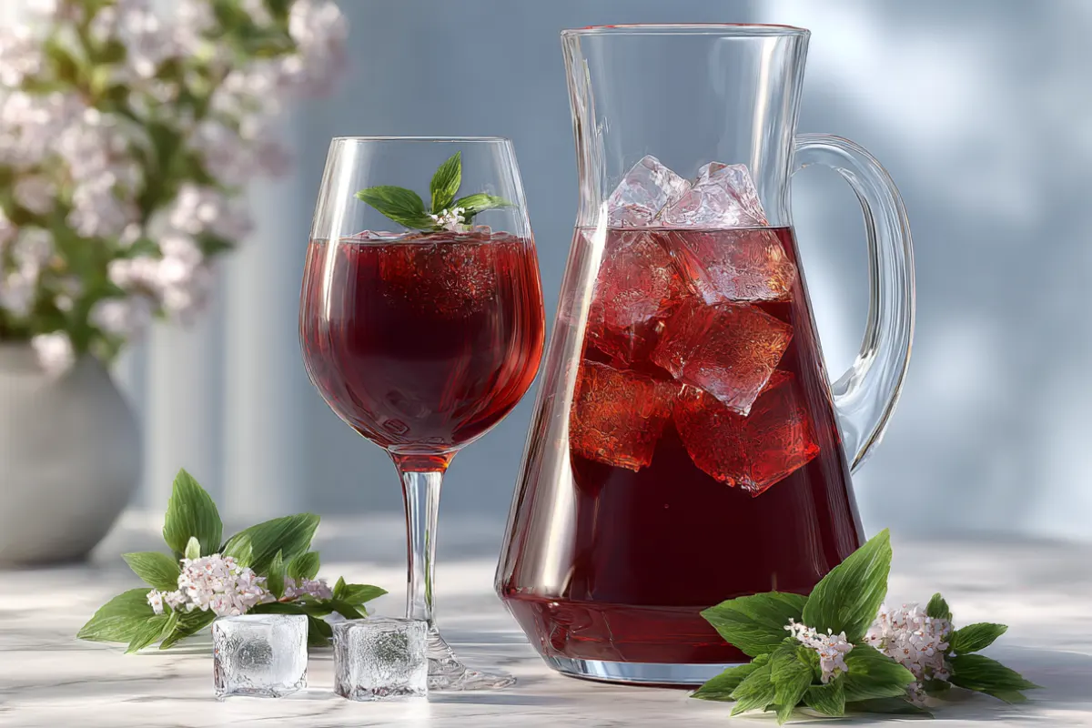 Carafe et verre remplis de jus de bissap maison rouge rubis, servis avec des glaçons et des feuilles de menthe sur une table lumineuse.