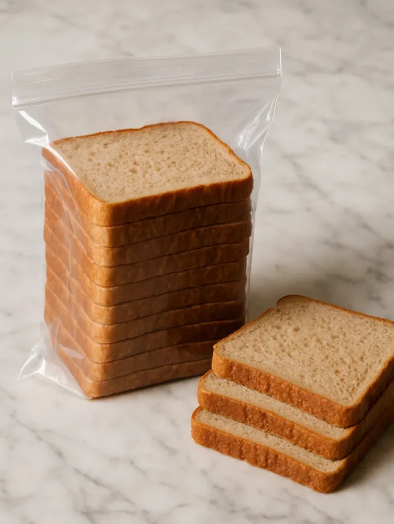 Tranches de pain de mie complet maison rangées dans un sac de congélation transparent pour une meilleure conservation.