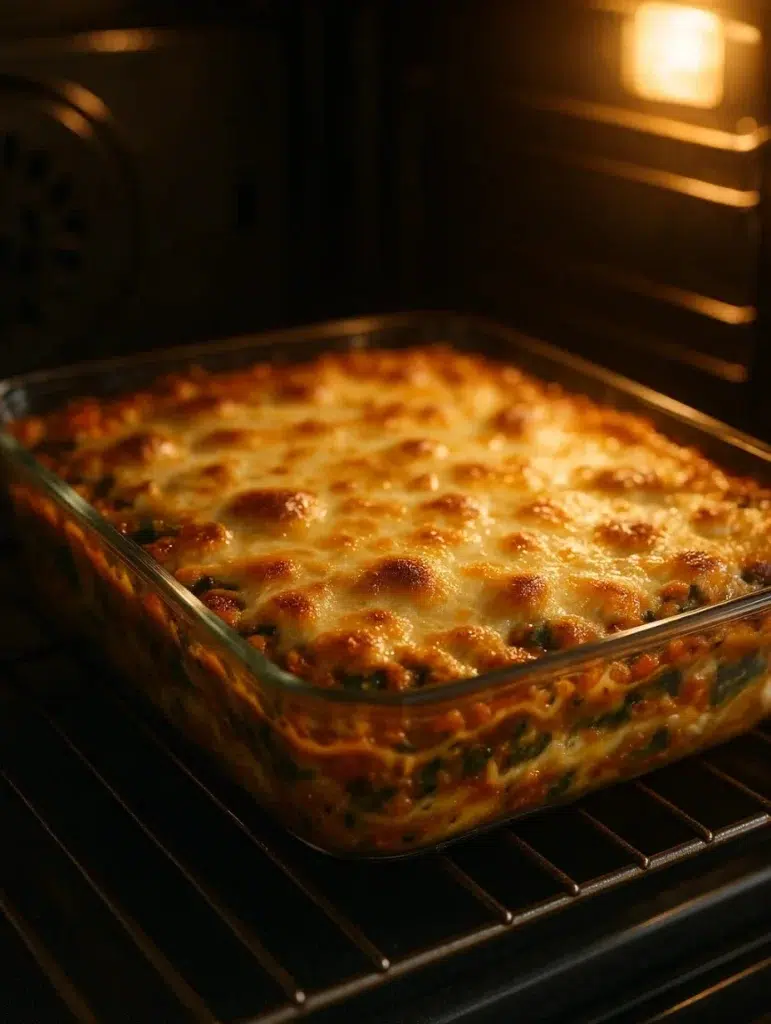 Lasagnes végétariennes gratinées dans un plat au four, avec une couche dorée et croustillante sur le dessus.