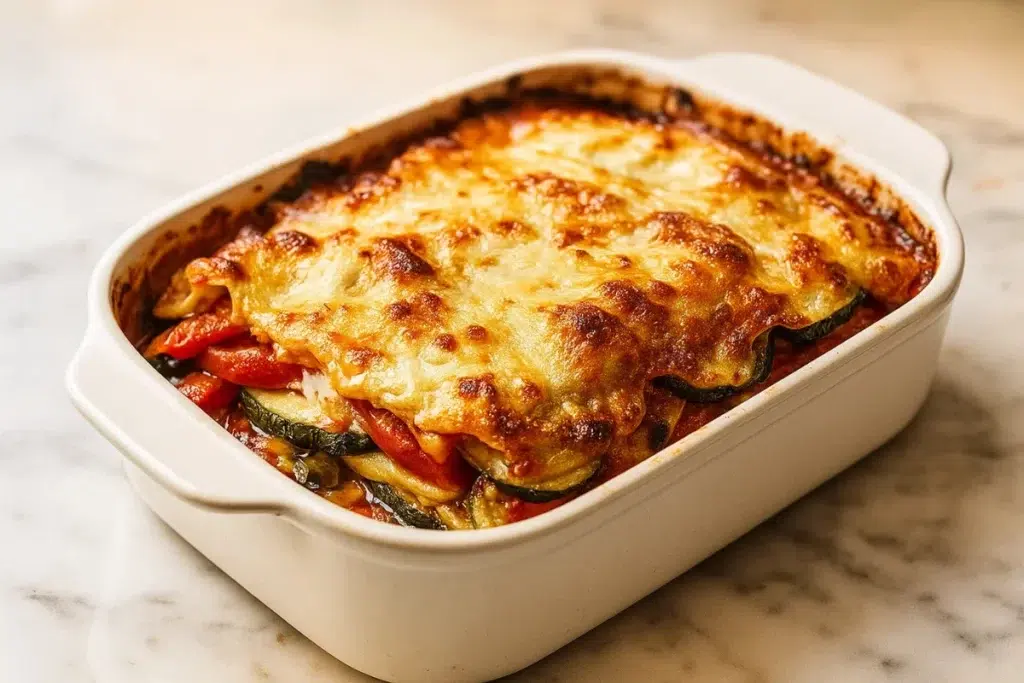 Montage des lasagnes végétariennes dans un plat à gratin, alternant couches de sauce tomate, légumes rôtis et fromage.