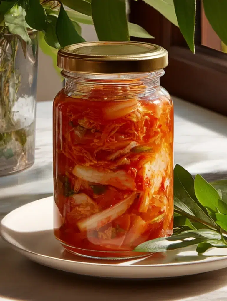 Bocal de kimchi maison en pleine fermentation sur un plan de travail, exposé à la lumière naturelle.