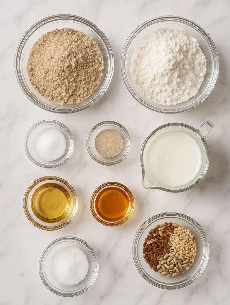 Farines, levure, lait, miel et graines disposés sur un plan de travail pour la préparation du pain de mie complet.