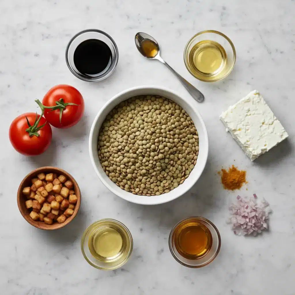Ingrédients frais pour une salade de lentilles : lentilles vertes, tomates, feta, huile, vinaigre, miel et échalote.