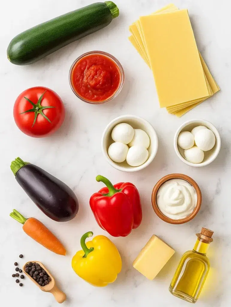 Ingrédients frais pour lasagnes végétariennes, courgette, aubergine, poivrons, tomates, mozzarella, sauce tomate et pâtes à lasagnes.