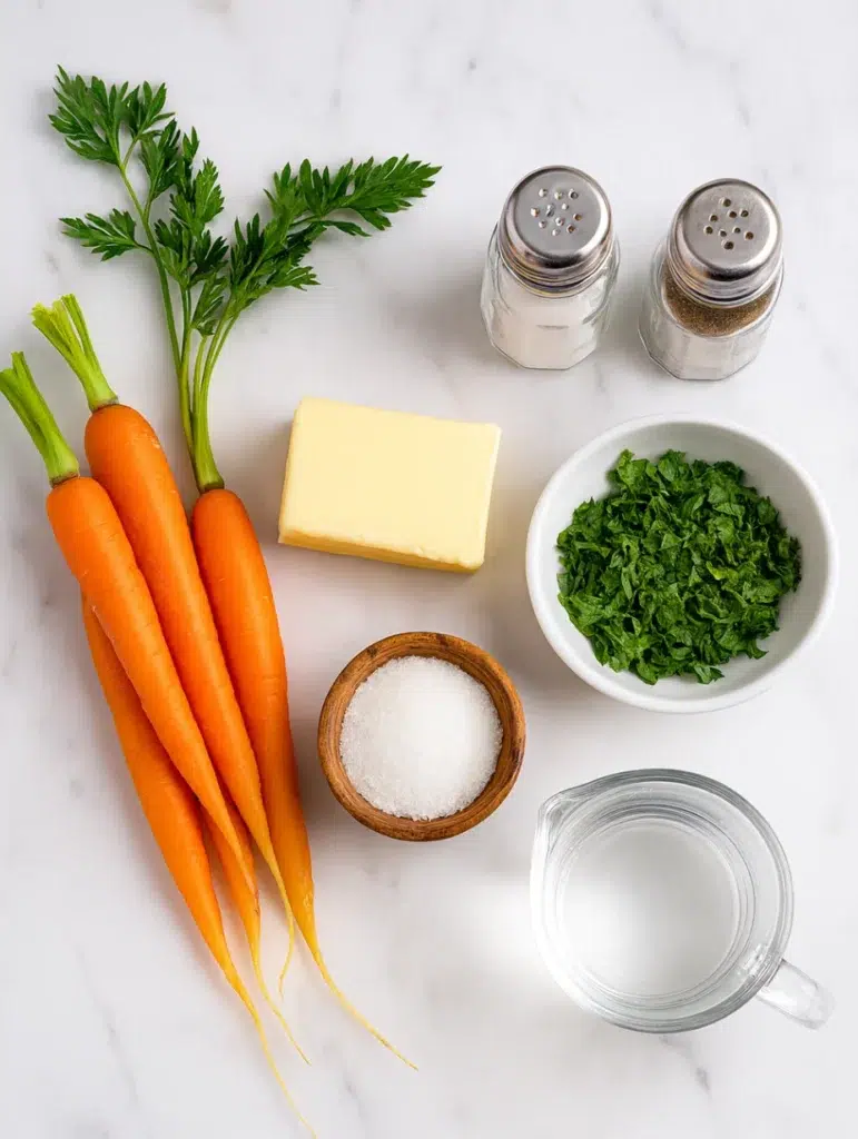 Ingrédients pour les carottes Vichy disposés sur un plan de travail : carottes fraîches, beurre, sucre, persil, sel, poivre et eau.