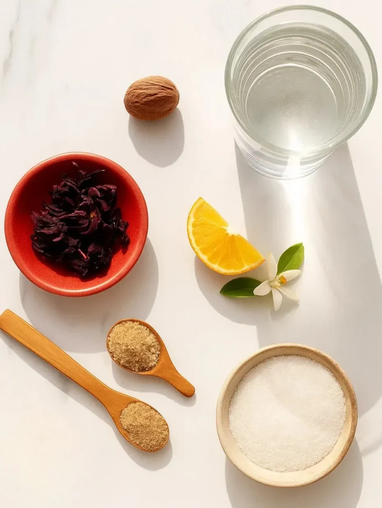Ingrédients du jus de bissap disposés sur une table : fleurs d’hibiscus séchées, sucre, muscade, tranche d’orange, eau et fleur d’oranger.
