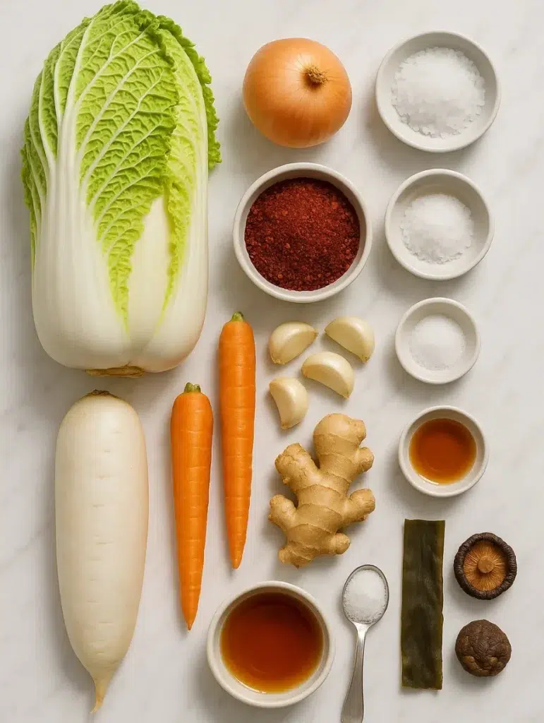 Ingrédients frais pour la recette kimchi maison, incluant chou chinois, carottes, daïkon, ail, gingembre, gochugaru, sel, sauce de poisson et algue kombu.