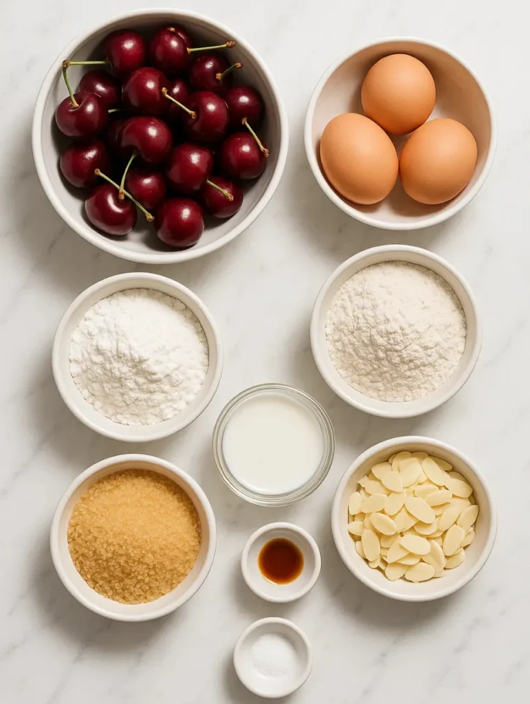 Cerises rouges, œufs, farines sans gluten, lait végétal, sucre de canne et amandes préparés sur une table de cuisine pour un clafoutis sans gluten.