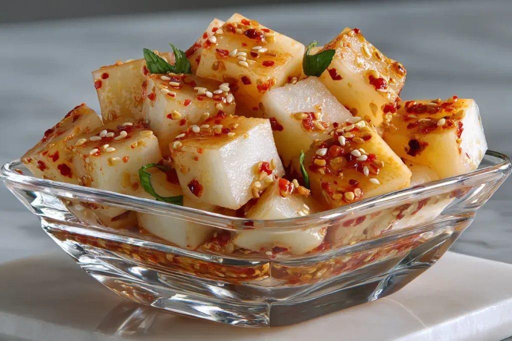 Bol de kimchi au radis coupé en dés, assaisonné de piment, ail et graines de sésame, version coréenne appelée kkakdugi.