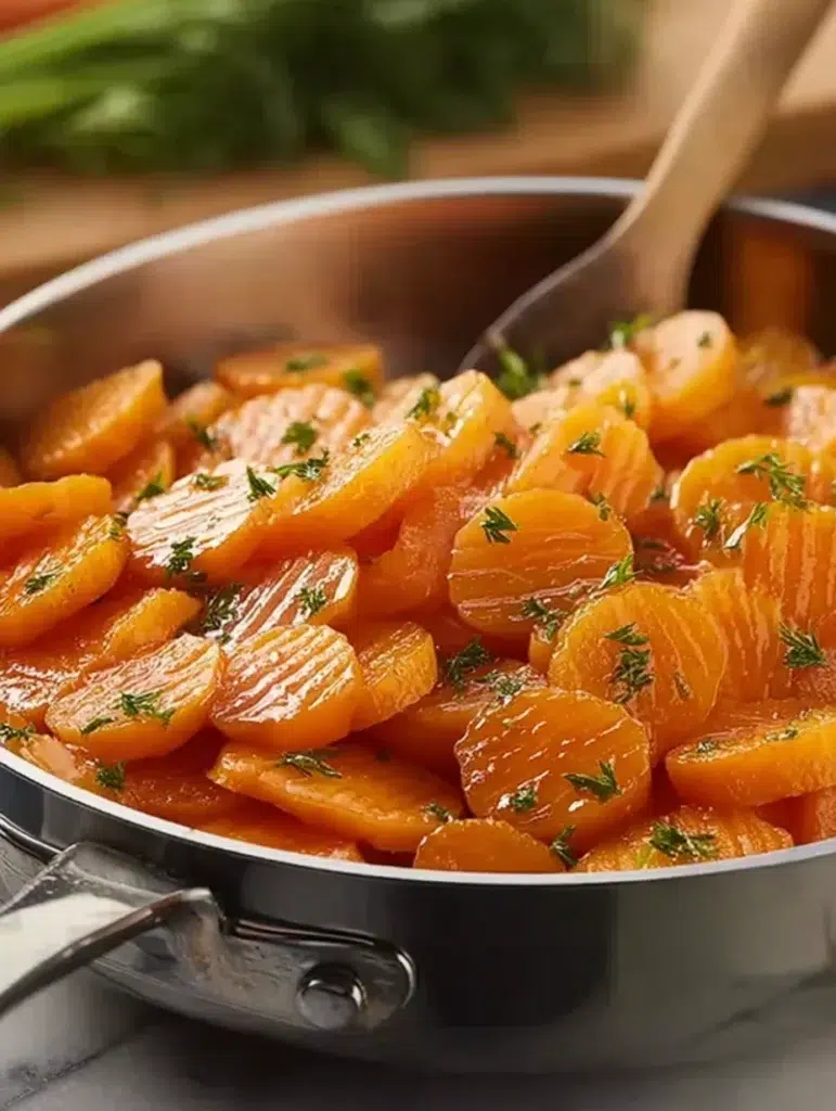Carottes Vichy en train de glacer dans une poêle, enrobées d’un sirop brillant au beurre et au sucre.