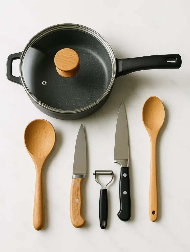 Ustensiles de cuisine pour préparer les carottes Vichy : couteaux, économe, cuillère en bois et sauteuse avec couvercle.