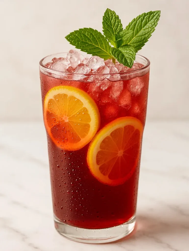 Verre de jus de bissap glacé garni de tranches d’orange, de glaçons et d’une feuille de menthe fraîche.
