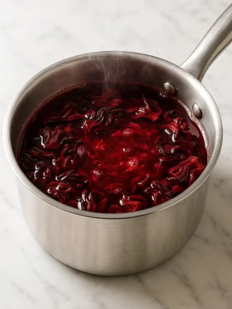 Fleurs d’hibiscus séchées infusant dans une casserole d’eau bouillante pour la préparation du jus de bissap maison.