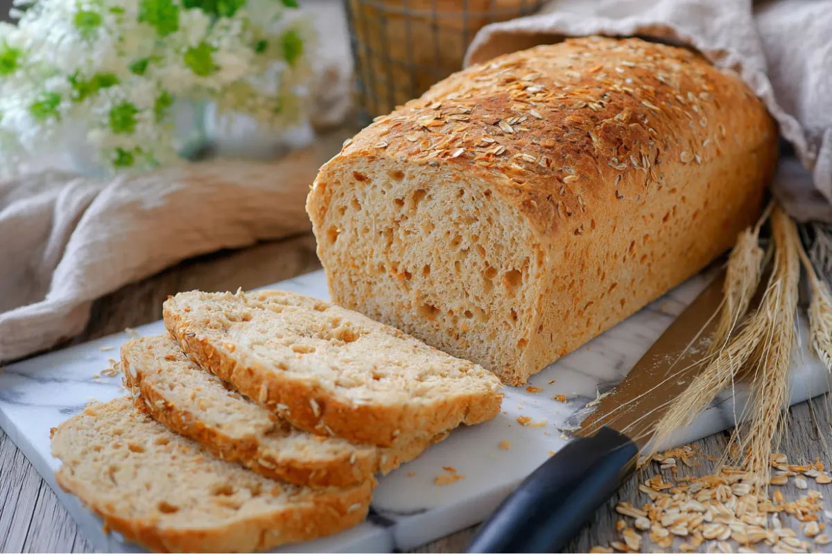 Pain de mie complet maison doré et moelleux, tranché sur une planche, idéal pour le petit-déjeuner ou les sandwichs maison.