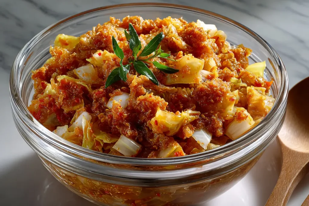 Légumes marinés et pâte pimentée de kimchi en préparation, montrant la texture rouge et épicée avant la mise en bocal.